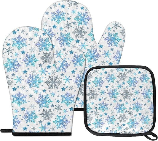 Oven Mitts Pot Holders Set 3 for Kitchen, Christmas Snowflakes Insulation Oven Gloves Heat Resistant Pot Pads Cook Essentials Accessories for BBQ Baking Cooking Kitchen Decor Gifts for Women