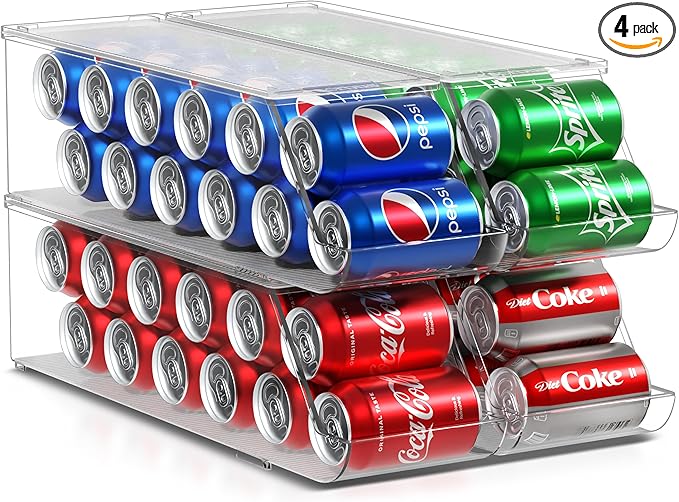 Sorbus Soda Can Organizer for Refrigerator – Stackable Can Dispenser with Lid for Fridge, Pantry, or Freezer – Holds 12 Cans Each, BPA-Free Clear Drink Organizer (4-Pack)