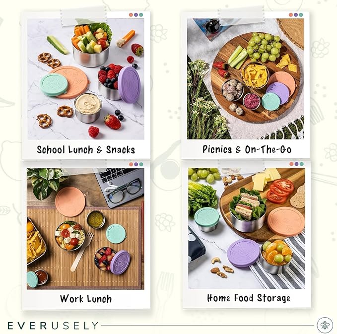 Everusely - Stainless Steel Food Containers - 3 Pack, Bright - Lunch Box - Snack Containers for Office, Home Food Storage - Leakproof with Silicone Lids - Dishwasher & Freezer Safe