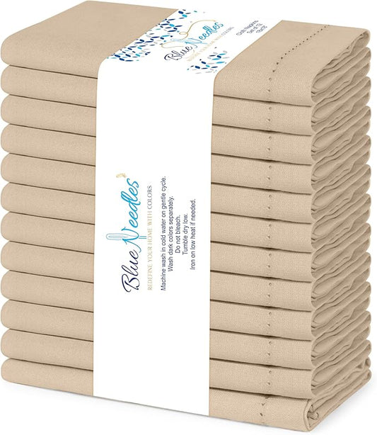 Blue Needles Set of 12 Hemstitch Linen Napkins 100% Cotton Beige Cloth Dinner Napkins 18x18 inches, Soft, Reusable, Absorbent, Washable, Ideal for Fall Thanksgiving Events, Parties & Everyday Use