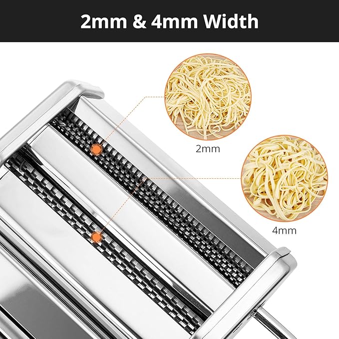 Pasta Maker, METLUCK Stainless Steel Pasta Machine Manual Roller Pasta Maker with 9 Thickness Settings for Spaghetti Linguine Fettuccine Lasagne, Includes Dough Cutter & Hand Crank