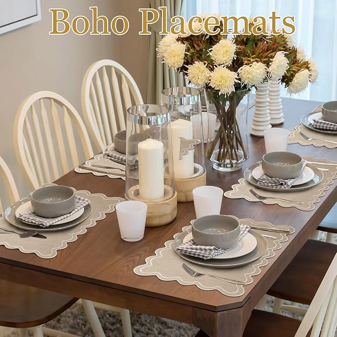 12 Set Linen Placemat 13x19 Wavy Embroidery Scalloped Placemat Double Layered Washable Farmhouse Dinner Table Mat Fabric Napkin for Christmas Hotel Restaurant Wedding Party(Linen Color)