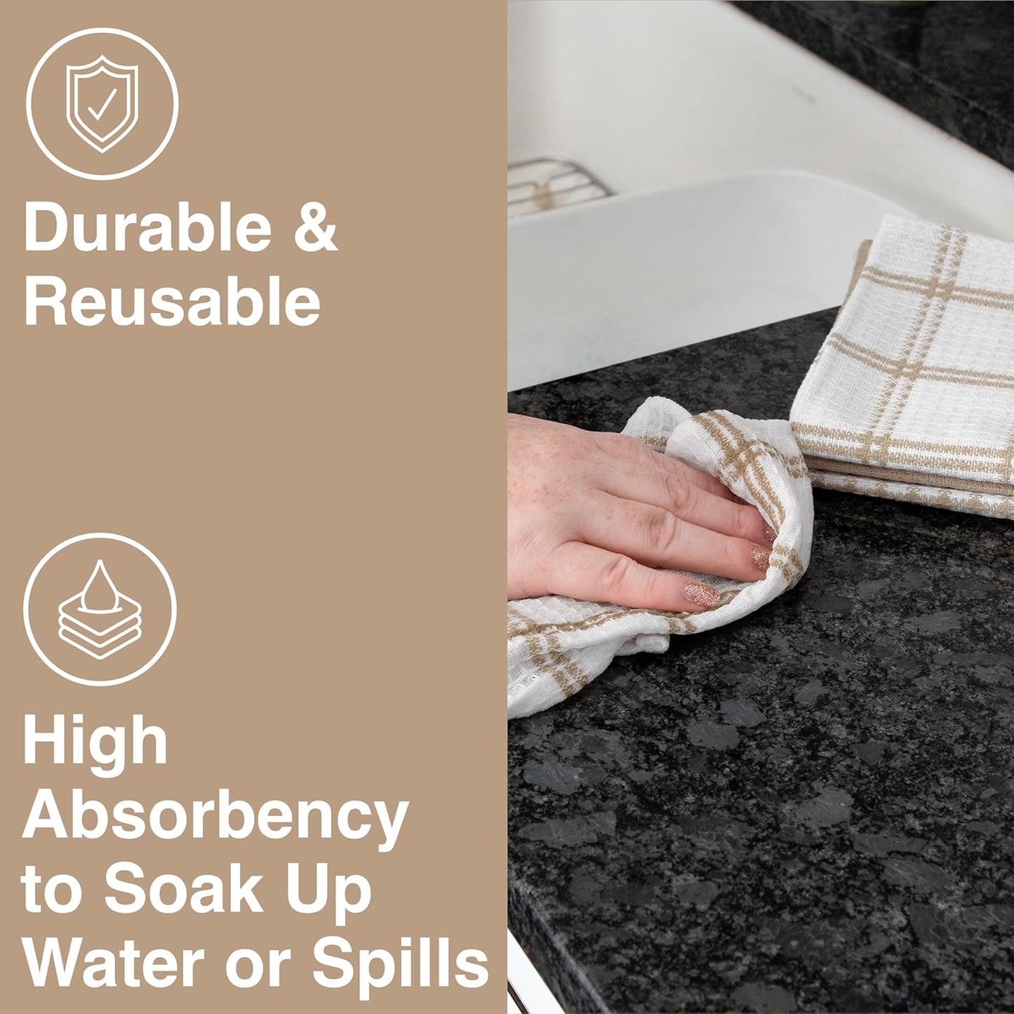 T-fal Premium Waffle Dish Cloths: Highly Absorbent, Super Soft Long Lasting - 100% Cotton, 12"x13" Towel for Cleaning & Drying, (8-Pack), Sand