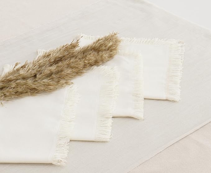 PurpleEssences Cloth Napkins with Fringes, 100% Cotton Christmas Holiday Winter Table Decor, Set of 6 18x18 Inch Reusable Dinner Napkins for Parties and Weddings - Beige