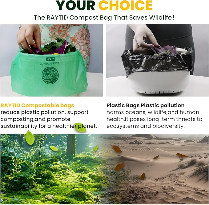 RAYTID 120 Counts 1.6 Gallon (1.6-1.75-2 Gal) Compost bin kitchen Bags, Strong compost bags for countertop bin, Fit 4.5,6,7,8 Liters.ASTM D6400, US BPI and Europe OK compost HOME certified