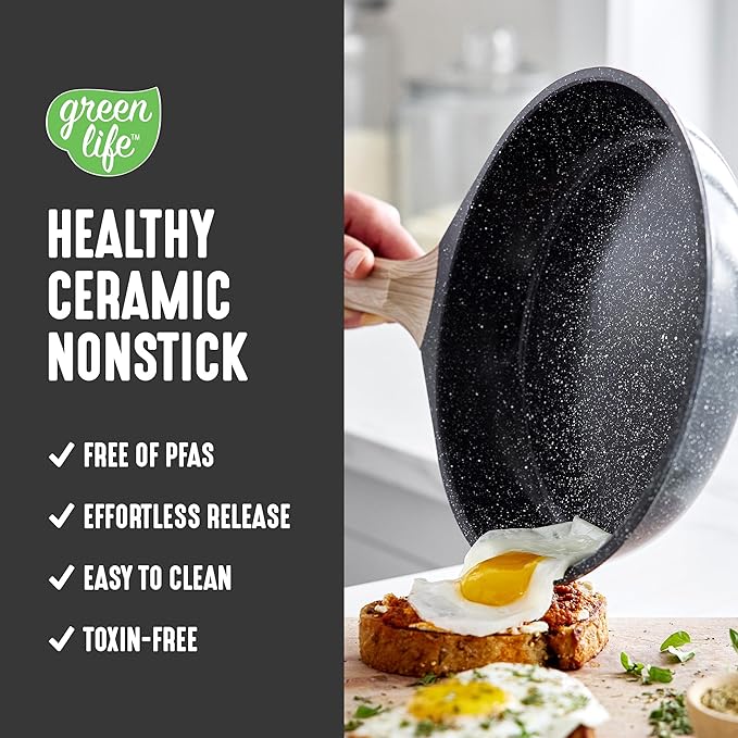 GreenLife Nonstick 2 Piece Frying Pan Set, 9.5" & 11" Skillets Ceramic PFAS-Free Nontoxic, Induction Suitable, Wood Print Handles, Stay-Cool Handles, Deep Cooking Skillets, Egg Pan, Granite Black