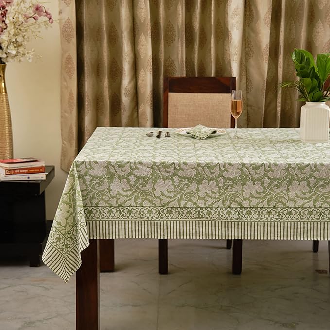 Ridhi - Hand Block Print Cotton Cloth Dinning Table Cover Wedding Farmhouse Thanks Giving Christmas Spring Tablecloth (Sage Green, 8 Seater 70x108 Inches)