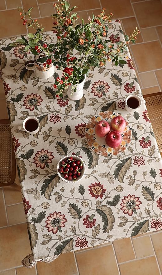 French Tablecloth for Rectangle Tables,Linen Table Cloth with Red Flowers Pattern,Heavy Durable Table Cover for Dining Thanksgiving Kitchen Decor Party Banquet Christmas,67"*118"