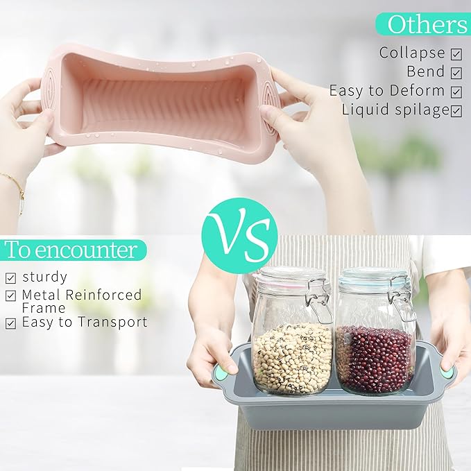 To encounter 9 Inch Silicone Bread and Loaf Pan, 2 Pack Food Grade Nonstick Silicone Molds for Baking Banana Bread, Meat Loaf, Pound Cake, with Metal Reinforced Frame More Strength