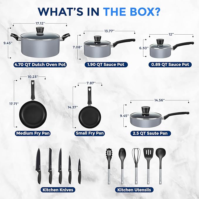 SereneLife Kitchenware Pots & Pans Basic Kitchen Cookware, Black Non-Stick Coating Inside, Heat Resistant Lacquer (20-Piece Set), One Size, Gray