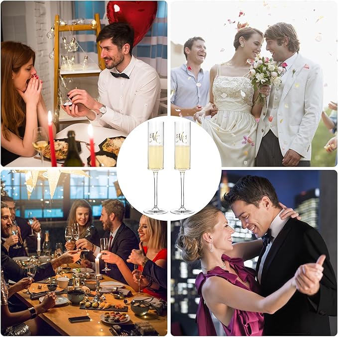 Topsky Mr & Mrs Crystal Champagne Flutes set of 2,Bride & Groom Toasting Glass,Modern & Elegant,Unique Gifts for Wedding, Anniversary,Engagement,Christmas, Birthday,7oz