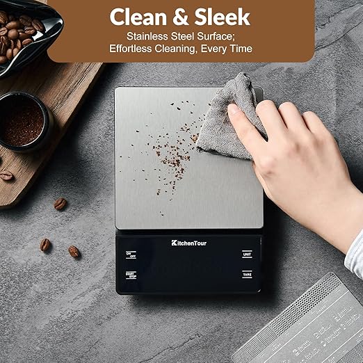KitchenTour Coffee Scale with Timer 3kg/0.1g - High Precision Pour Over Drip Espresso Scale with Back-Lit LCD Display - Stain Steel Platform(Batteries Included)