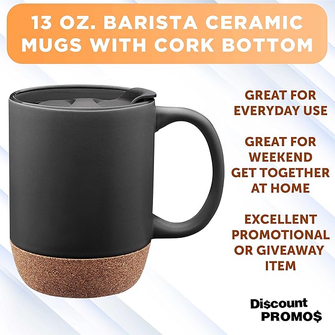 DISCOUNT PROMOS Barista Ceramic Mugs with Cork Bottom 13 oz. Set of 12, Bulk Pack - Perfect for Coffee, Tea, Espresso, Hot Cocoa, Other Beverages - Black