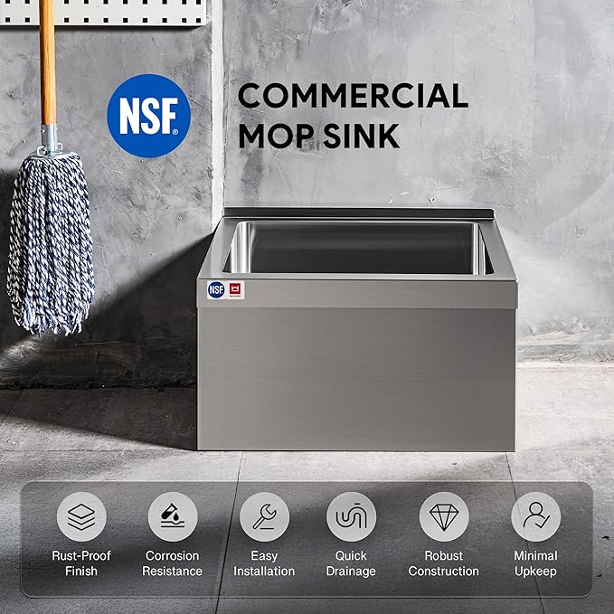 WILPREP Commercial Mop Sink, 19x16x8 Inch 304 Stainless Steel Utility Sink with Strainer & X-Shaped Floor Guides for Kitchen Laundry Garage Pet Salon