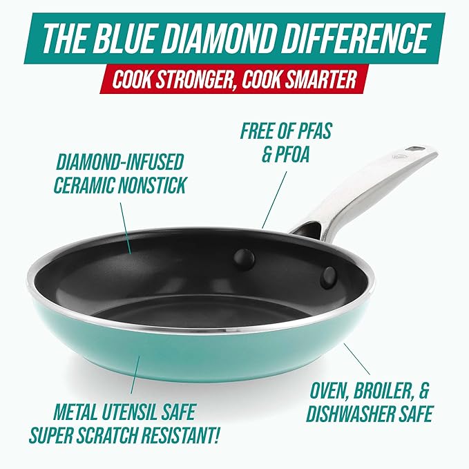 Blue Diamond Frying Pan 8” Skillet, Diamond Infused Healthy Ceramic Nonstick, PFAS and PFOA-Free, Dishwasher and Oven Safe, Even Heating, Metal Utensil Safe, Warp Control Base, Turquoise