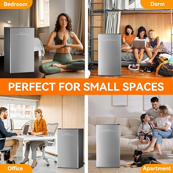 Frestec 3.2 Cu. Ft. Mini Fridge with Freezer Small Refrigerator, for Bedroom, Single Door, Energy Saving, Low Noise, Mini Fridge for Office (Grey)