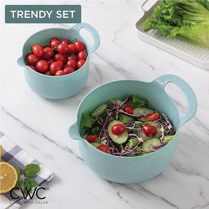 COOK WITH COLOR Nesting Plastic Mixing Bowl Set with Pour Spouts and Handles, Speckled Mint, 4 Piece Non-Slip