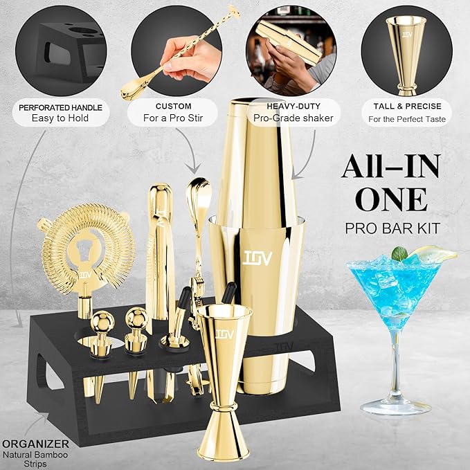 IOV Cocktail Shaker Set: 12-Piece Mixology Bartender Kit Bar Set | 18oz & 28oz Boston Shaker Drink Mixing Tools for Home with Recipe Booklet and Stand | Fun Housewarming Gift (Gold)