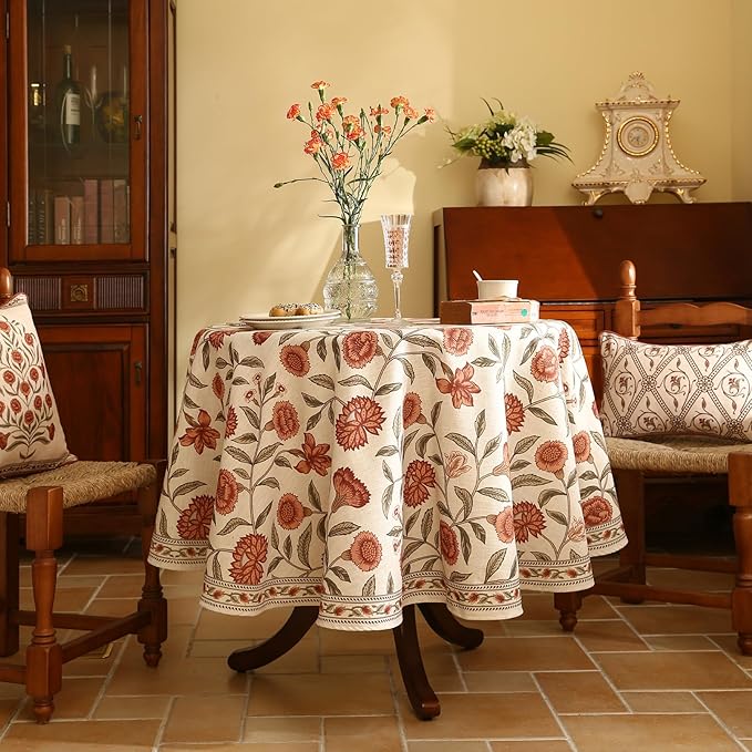Floral Tablecloth for Round Tables,Linen Table Cloth with Orange Flowers and Green Leaves Pattern,Heavy Durable Table Cover for Dining Kitchen Decor Party Christmas,Diameter 55"