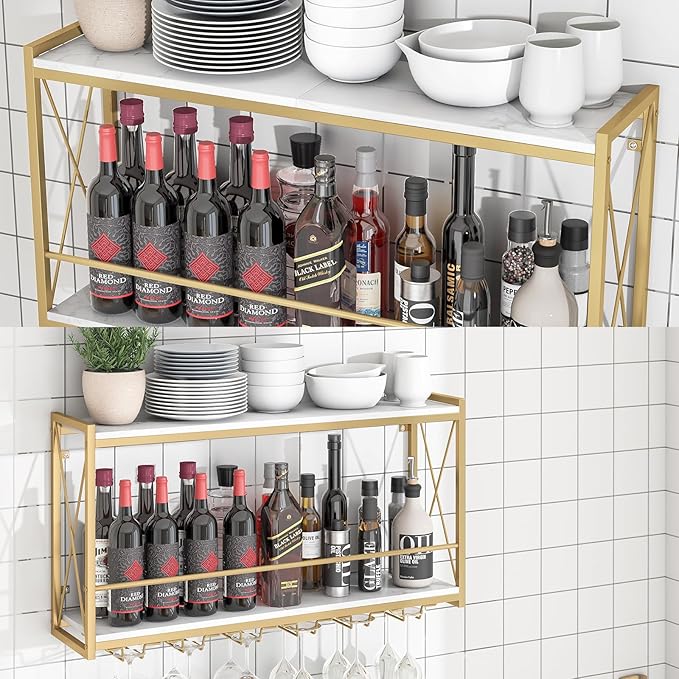 Dokser Wine Rack Wall Mounted Shelf - 2 Tier, Rustic Wood & Industrial Iron Frame Wine Bottle Holder for Kitchen, Dining Room, Home Bar Decor (Gold)