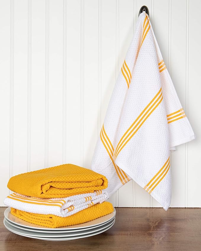 Sticky Toffee Cotton Kitchen Towels Set of 4 – Yellow and White Dish Towels 28x16 in, Reusable and Absorbent Tea Towels for Cleaning or Drying, Oeko-Tex Cotton