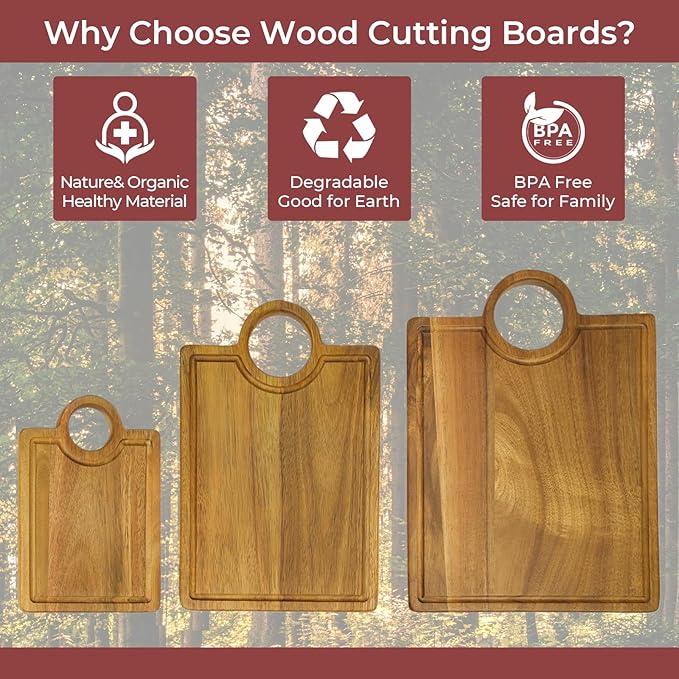Acacia Wood Cutting Boards set of 3 with Juice Groove ＆ Handle Thickened Design Including Large(Chopping)/Medium(Prep)/Small(Serving) Multi-functional for Kitchen or Serving Tray