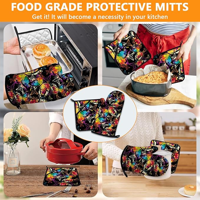 Colorful Butterfly Oven Mitts and Pot Holders Sets 4Pcs,Extra Long Oven Gloves Potholder for Kitchen Cooking Baking BBQ 100% Cotton Heat Resistant