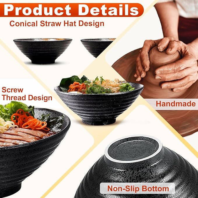 8-Inch Large Ceramic Ramen Bowl Set of 2 (9 Piece) - Microwave & Dishwasher Safe Porcelain Japanese Salad Noodles Cereal Fruit Pasta Soup Bowls with Recipes Chopsticks Forks Spoons for Men Women Gift