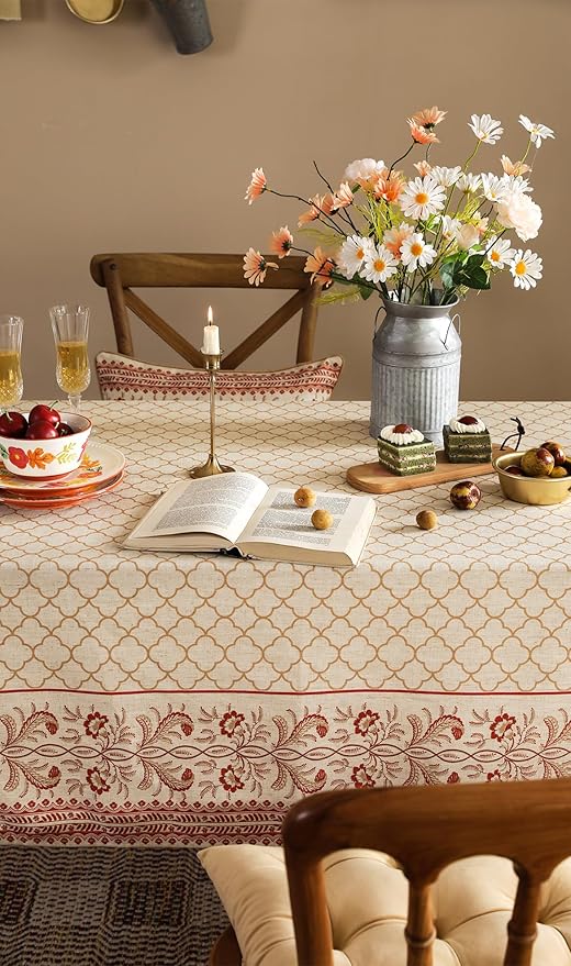 French Rectangle Tablecloth,Floral Linen Table Cloth with Flaxen and Red Undertones,Heavy Durable Table Cover for Dining Thanksgiving Kitchen Decor Party Banquet Christmas,63"*102"