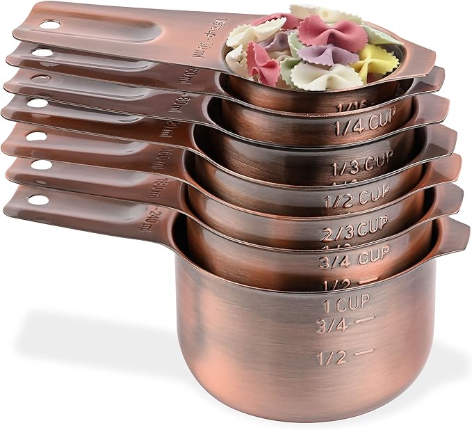 Smithcraft Copper Measuring Cups Set 7, Metric & US Stainless Steel Measuring Cups for Kitchen & Baking, Metal Measure Cups for Dry & Liquid, Nesting Measuring Cup Set with 1/8 2/3 & 3/4 Cups