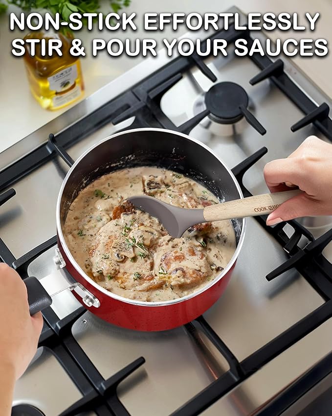 Cook N Home Non Stick Sauce Pan, 2 Quarts Saucepan with Glass Lid, Nonstick Small Multi-purpose Pot, Milk Chocolate Aluminum Cooking Pot Pan with Stay-Cool Handle, Marble Red