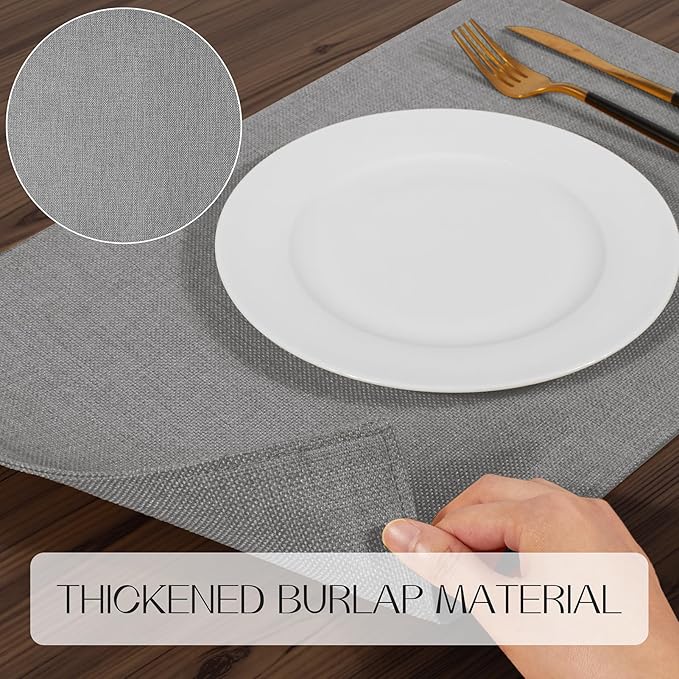 Romanstile Cloth Placemats Set of 6-12 x 18 Inch, Heat Resistant Double Layered Thickened Burlap Place Mats, Washable Faux Linen Farmhouse Table Mats for Kitchen/Dining/Party/Outdoor, Grey