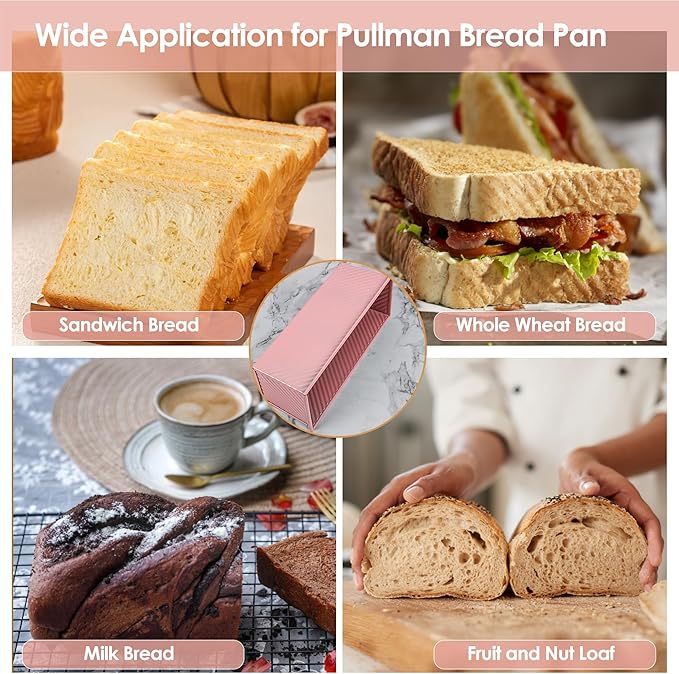Premium Pink 13-inch Pullman Loaf Pan with Lid - Perfect for Baking Professional-Grade Sandwich Bread, PFOA & PTFE Free, Healthy & Stylish Non-Stick Bread Loaf Pan for Homemade Bread