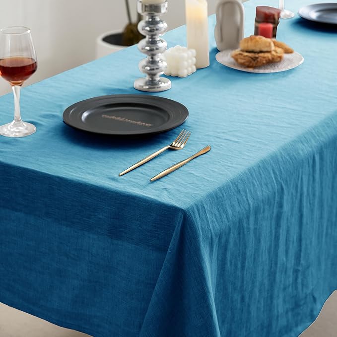 EVERLY 100% Pure Linen Rectangle Tablecloths 60x84Inches for Dining,Buffet Parties,Picnic,Events,Weddings and Restaurants,Decorative Halloween,Thanksgiving Machine Washable Tablecloths-Blue