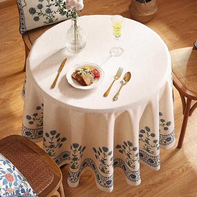 patdrea Designer Blue Tablecloth for Round Tables,Vintage Linen with Leaves and Flowers Pattern Tablecloths,Farmhouse Floral Table Cover Cloth Decor for Kitchen Dining Christmas,Diameter 55"