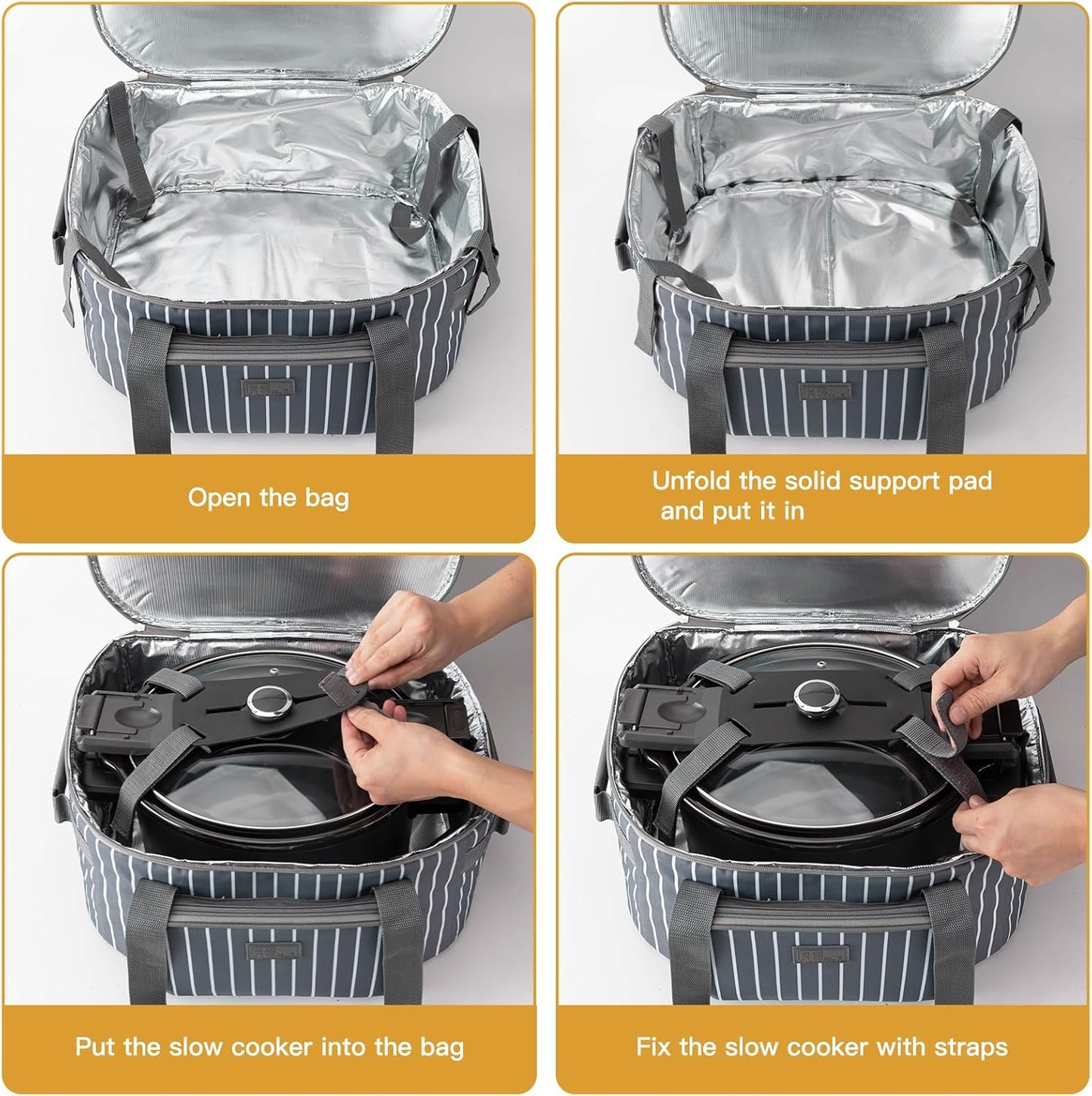 Fun Elements Double Layer Slow Cooker Carrier Bag for 6-8 Quart Oval CrockPot, Insulated Crock Pot Travel Bag with Support Pad and Adjustable Straps, Top Zip Compartment and Front Pocket for Utensils