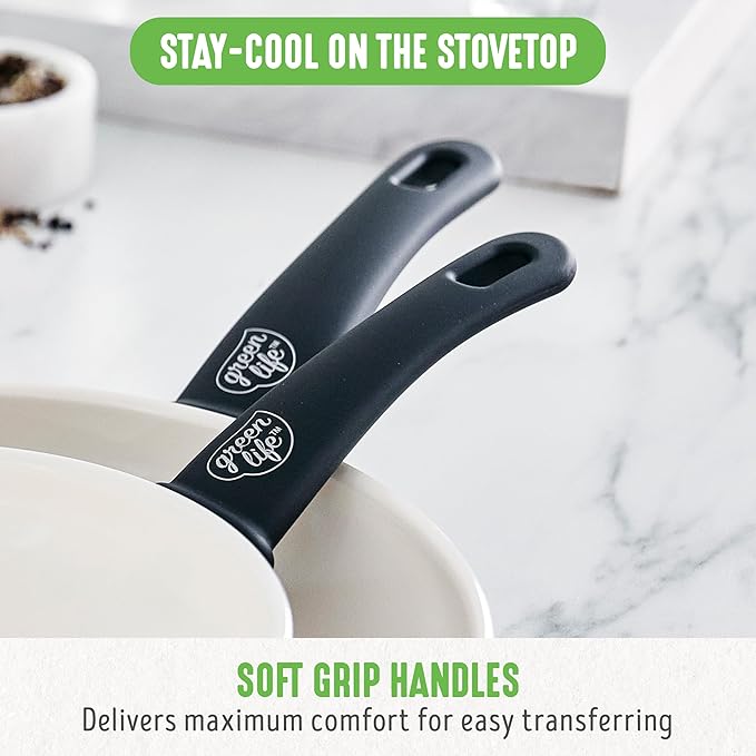 GreenLife Non Stick Fry Pan Set (7" & 10"), Non-Toxic PFAS-Free Ceramic Skillets, Dishwasher & Oven Safe, Egg Omelet Frying Pans, Stay- Cool Handles, Kitchen Home Cooking Essentials, Black and Cream