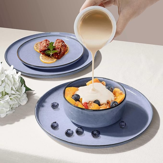 Herogo 18-Piece Stoneware Dinnerware Set for 6, Stackable Dinner Plates and Bowls Sets, Double Reactive Glaze Dishware Place Setting for Kitchen, Scratch Resistant, Microwave Safe, Haze Blue
