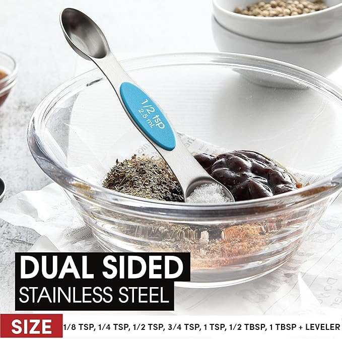 Spring Chef Stainless Steel Magnetic Measuring Spoons Set of 8 with Leveler, Nesting Teaspoon & Tablespoon Measuring Spoons for Dry and Liquid Ingredients, Kitchen Gadgets for Baking & Cooking - Teal