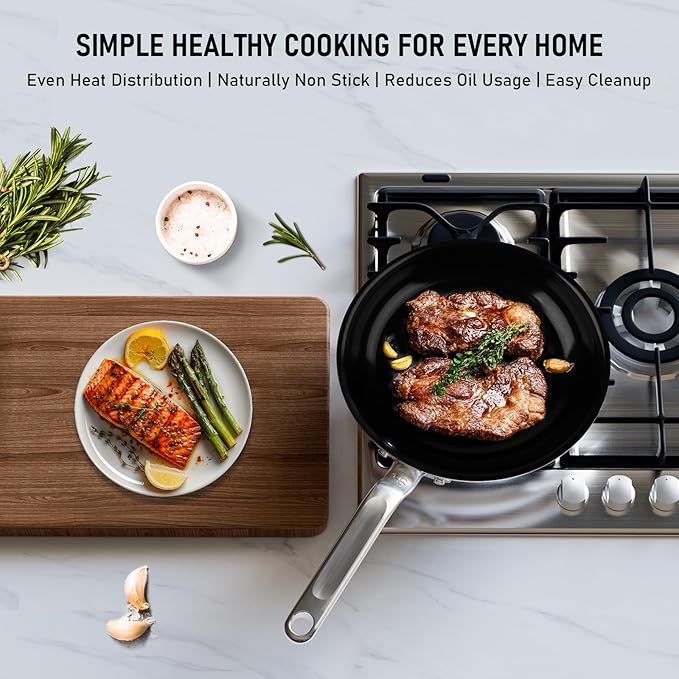 12 Inch Ceramic Non Stick Frying Pans - 5 Ply Stainless Clad Nonstick Skillet, Toxic, PTFE & PFOA FREE, Professional Cookware for Induction, All Stoves and Oven up to 650°F