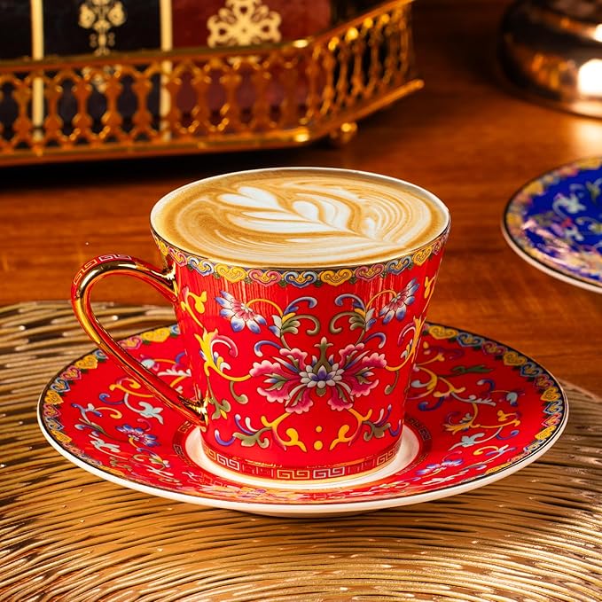 KAMMAK Tea Cups and Saucers Set of 2, Porcelain Coffee Cup with Saucer for Espresso, Cappuccino, 8oz Vintage Red and Blue Ceramic Demitasse Mug for Home, Tea Party, Office