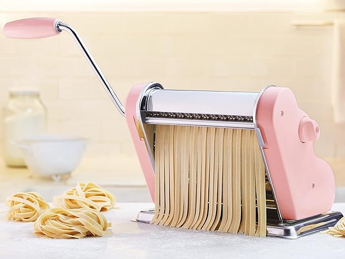 PASTALINDAClassic 200 Pasta Maker Machine, 20 cm Wide Rollers, 9 Thickness Positions, 2 Cutting Positions, Stainless Steel. Includes Reinforced Hand Crank And Two Clamps (Pink)