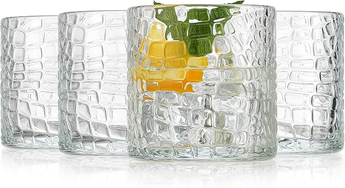 Glaver's DOF Set of 4 Clear 13oz Drinking Glasses Crackle Textured Design Double Old Fashioned Whiskey Glasses Home Everyday Bar Glassware