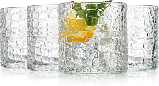 Glaver's DOF Set of 4 Clear 13oz Drinking Glasses Crackle Textured Design Double Old Fashioned Whiskey Glasses Home Everyday Bar Glassware