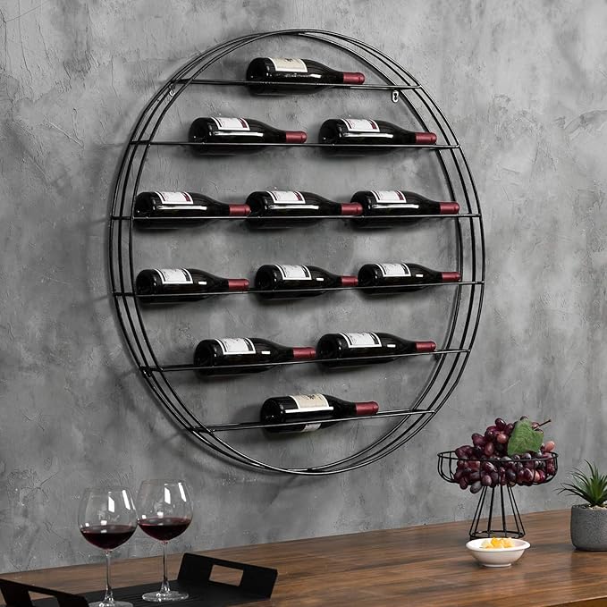 MyGift 12-Bottle Modern Black Metal Round Wall Mounted Wine Rack – 6-Tier Horizontal Storage Shelf for Kitchen, Living Room & Wine Cellar – Space-Saving Wall Decor & Cork Preservation