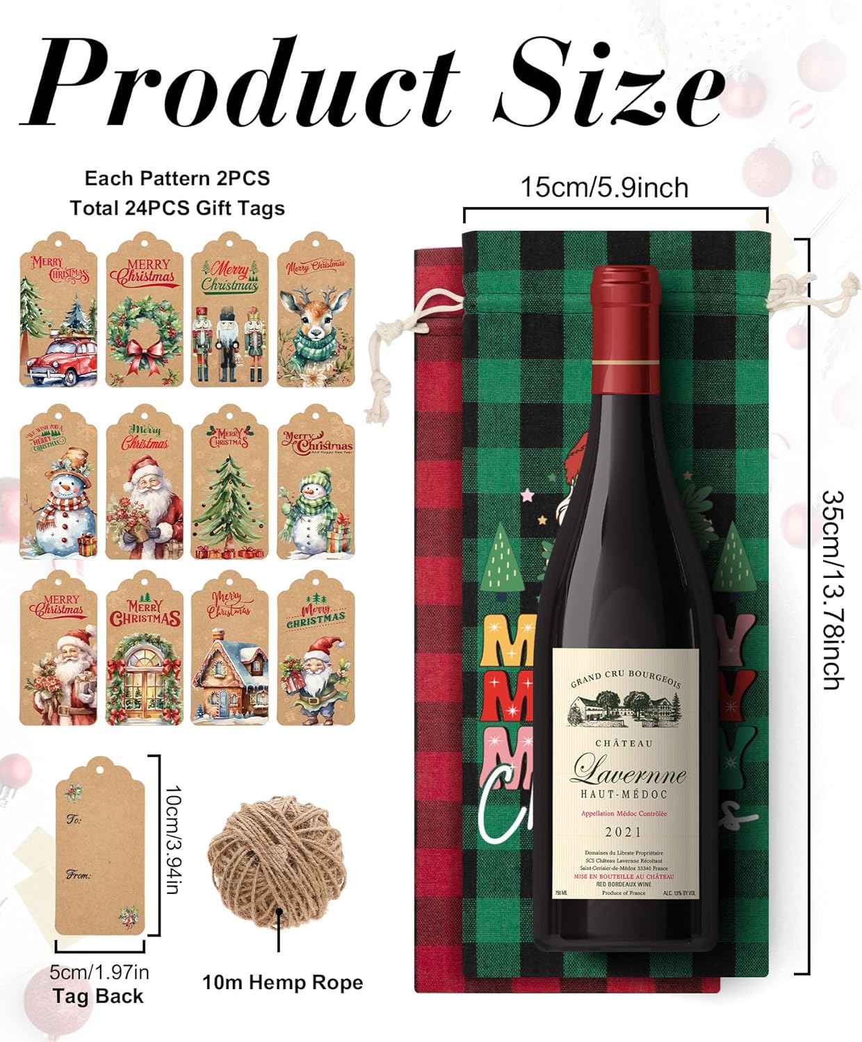24PCS Burlap Wine Bag Christmas Wine Gift Bags, Drawstring Retro Christmas Bottle Cover Gift Bag w/ Tag, Buffalo Plaid Wines Bags for Bottles Gifts Reusable Bottle Covers for Xmas Holiday Party Decor