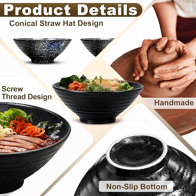 8-Inch Large Ceramic Ramen Bowl Set of 2 (9 Piece) - Microwave & Dishwasher Safe Porcelain Japanese Salad Noodles Cereal Fruit Pasta Soup Bowls with Recipes Chopsticks Forks Spoons for Men Women Gift