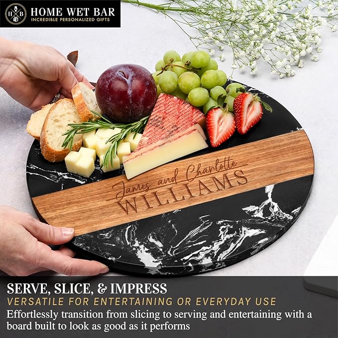 HomeWetBar Personalized Charcuterie Board | Custom 12" Round Black Marble & Acacia Wood Cheese Board | Perfect Housewarming + Wedding + Couples Gift Idea