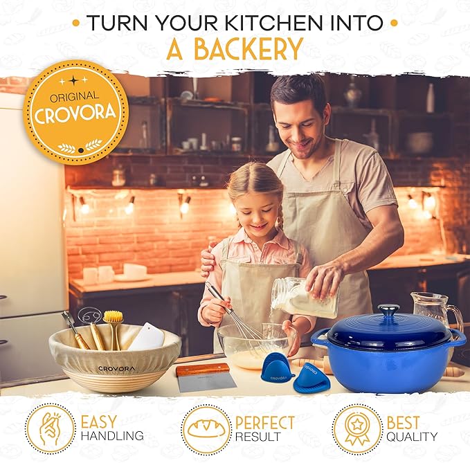 6 QT Enameled Cast Iron Dutch Oven for Bread Baking with Lid - Incl. Sourdough Bread Baking Supplies like Banneton Bread Proofing Basket, Cast Iron Bread Oven, Bread Pan, bread making tools