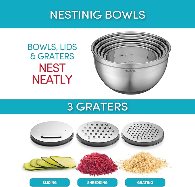 Mixing Bowls with Airtight Lids - 8PCS Stainless Steel Nesting Mixing Bowls Set with 3 Grater Attachments & Non-Slip Bottoms, Black Kitchen Bowls, Sizes 5, 4, 3.5, 2, 1.5QT for Baking & Kitchen Gift